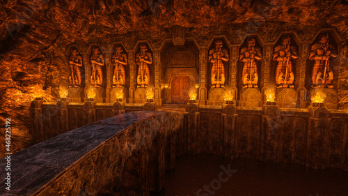 3D rendering of a bridge over an underground river leading to a