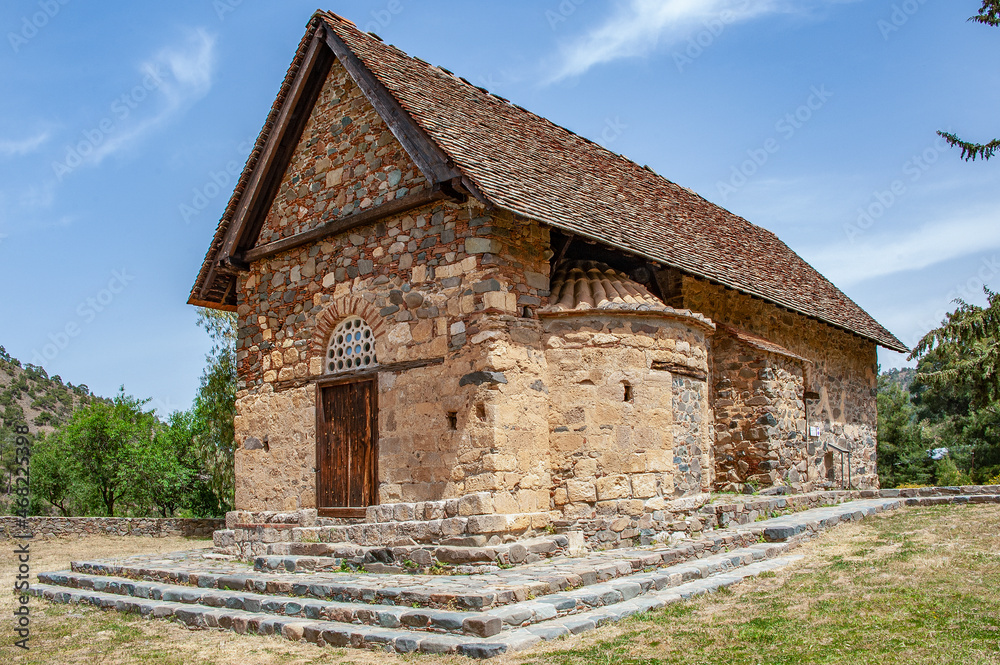 To protect the Church of Panagia Asinu from the Turks, as elsewhere in Troodos, an upper gable roof was used. The domes and arches of the church itself and the narthex are hidden under it. To protect the Church of Panagia Asinu from the Turks, as elsewhere in Troodos, an upper gable roof was used. The domes and arches of the church itself and the narthex are hidden under it.