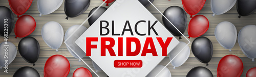 Black Friday sale banner. Website or newsletter header. Special offer discount. Wooden background with balloons. Vector illustration.