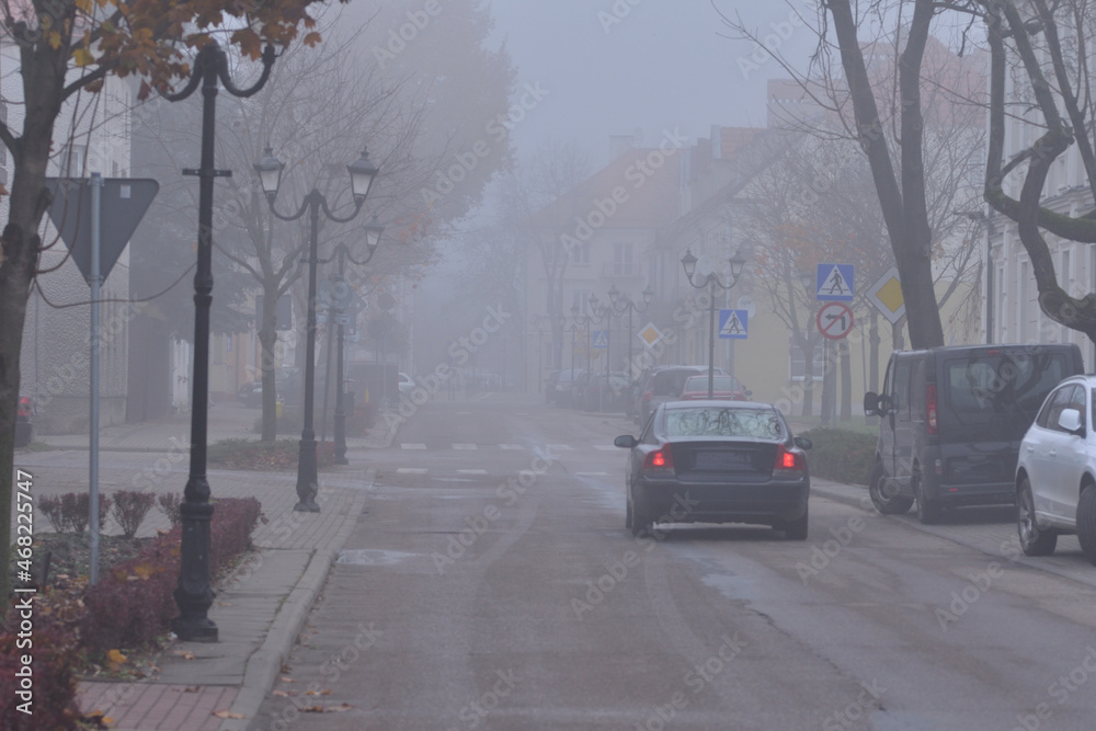 Autumn street, car, street lamp and fog on a gloomy day. Autumn.