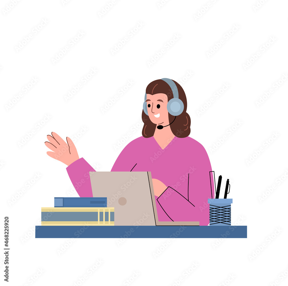 Woman in headphones sitting at laptop, flat cartoon vector illustration isolated. Woman in headphones sitting at laptop, flat cartoon vector illustration isolated.