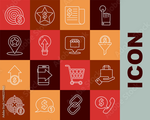 Set line Telephone handset and speech bubble chat, Hand paper shopping bag, Lead management, Financial news, Light bulb, Map pointer with star, Target dollar symbol and Online concept icon. Vector