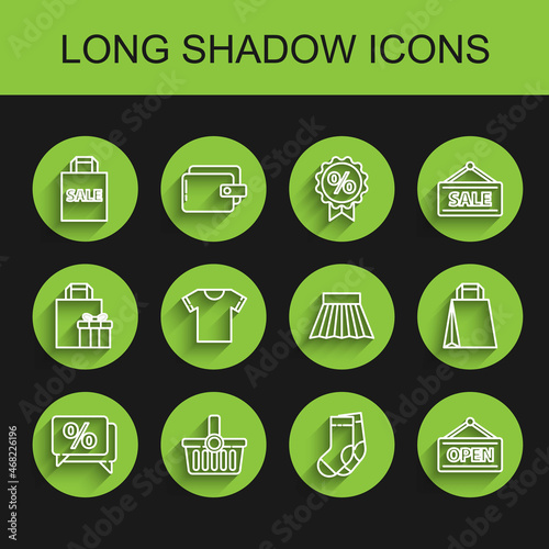 Set line Discount percent tag, Shopping basket, Shoping bag with Sale, Socks, Hanging sign Open, T-shirt, Paper shopping and Skirt icon. Vector