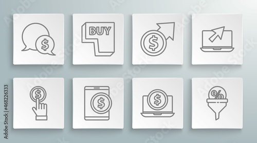 Set line Hand holding coin, Buy button, Tablet with dollar, Laptop, Lead management, Financial growth, cursor and Speech bubble icon. Vector
