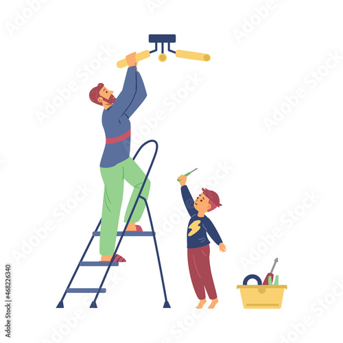 Father and son hang lamp together vector illustration. Man on a ladder fix light while little kid helps him with tools.