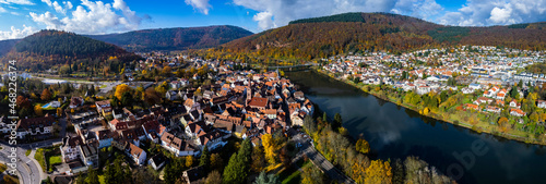 Aerial view of Neckargemünd beside the Neckar river in Germany. On a sunny day in autumn