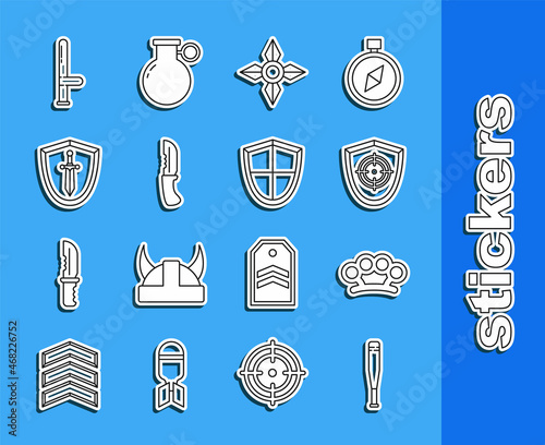 Set line Baseball bat, Brass knuckles, Target sport, Japanese ninja shuriken, Military knife, Medieval shield with sword, Police rubber baton and Shield icon. Vector