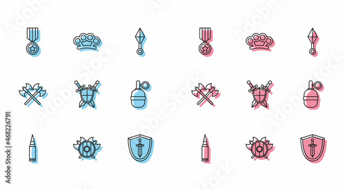 Set line Bullet, Medieval shield with crossed axes, Military reward medal, sword, swords, Hand grenade, Crossed medieval and Brass knuckles icon. Vector