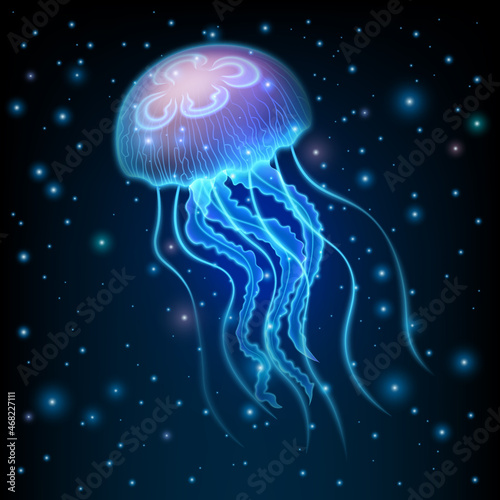 Realistic jellyfish blue lightening, poisonous jellyfish in dark deep water with glowing plankton, deep ocean creature, vector illustration