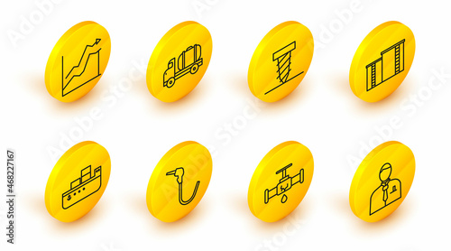 Set line Businessman or stock market trader, Gasoline pump nozzle, Oil tanker ship, industrial factory building, Rotating drill digging hole, Tanker truck and price increase icon. Vector