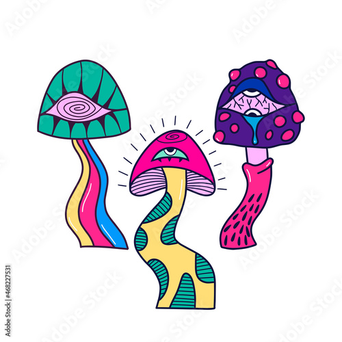 Vector illustration magic, fantasy mushrooms. Cartoon, psychedelic style. 