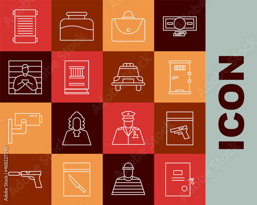 Set line Lawsuit paper, Evidence bag and pistol or gun, Prison cell door, Briefcase, book, Suspect criminal, Decree, parchment, scroll and Police car flasher icon. Vector