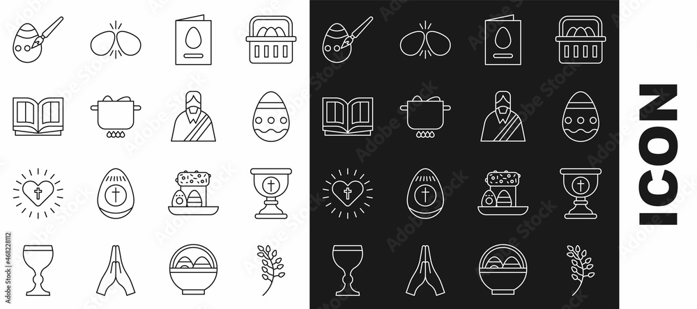 Naklejka premium Set line Willow leaf, Christian chalice, Easter egg, Greeting card with Happy, Egg hot pot, Holy bible book, and paint brush and Jesus icon. Vector