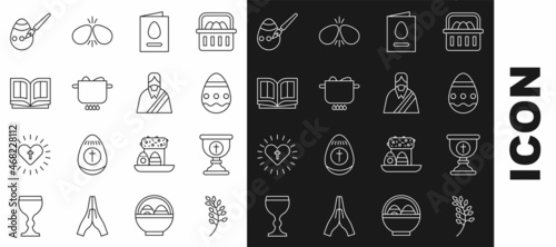 Set line Willow leaf, Christian chalice, Easter egg, Greeting card with Happy, Egg hot pot, Holy bible book, and paint brush and Jesus icon. Vector