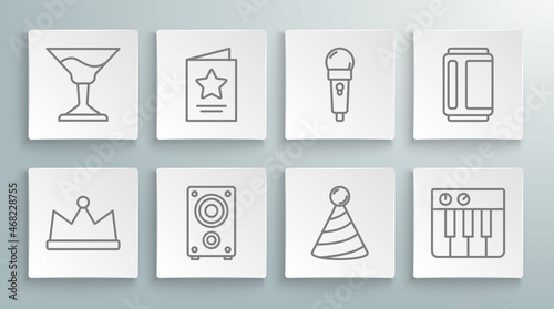 Set line Crown  Greeting card  Stereo speaker  Party hat  Music synthesizer  Microphone  Beer can and Cocktail icon. Vector