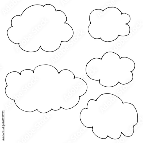 Hand drawn black clouds set on white background. Vector illustration
