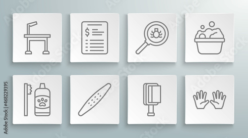 Set line Dental hygiene for pets, Grooming salon price list, Nail file, Hair brush dog and cat, Medical rubber gloves, Flea search, Pets bath and grooming table icon. Vector