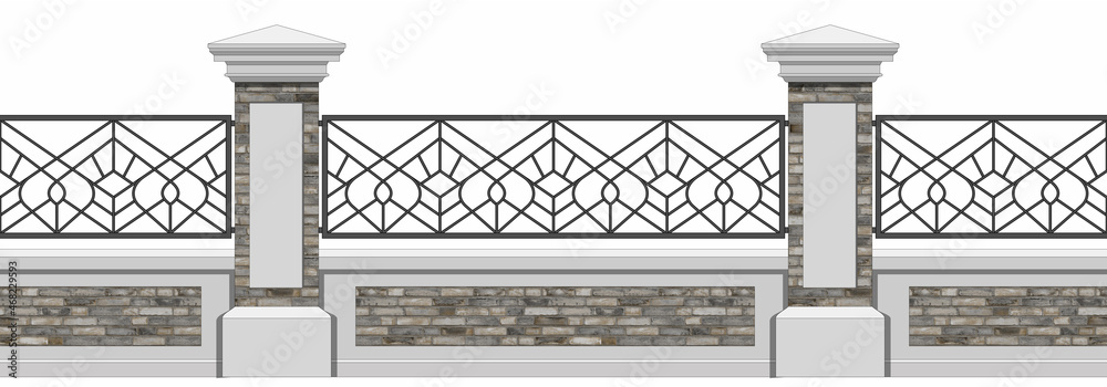 Classic Iron Fence With Grey Brick Pillars. Vintage. Seamless wrought
