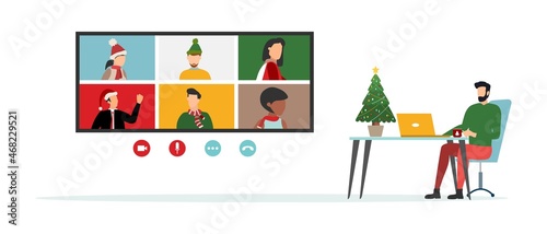 People wishing Merry Christmas and Happy New Year. Celebrating holiday and giving gifts via video call or web conference in 2022. Vector