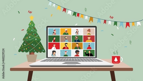 People wishing Merry Christmas and Happy New Year. Celebrating holiday and giving gifts via video call or web conference in 2022. Vector