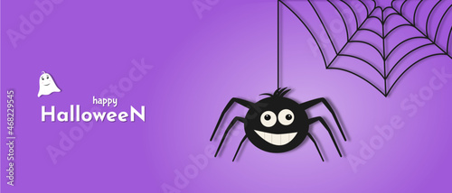 Halloween poster, postcards and frame leaflet, web banner. Vector illustration template with bats and funny spider. Happy Halloween banner, background design.