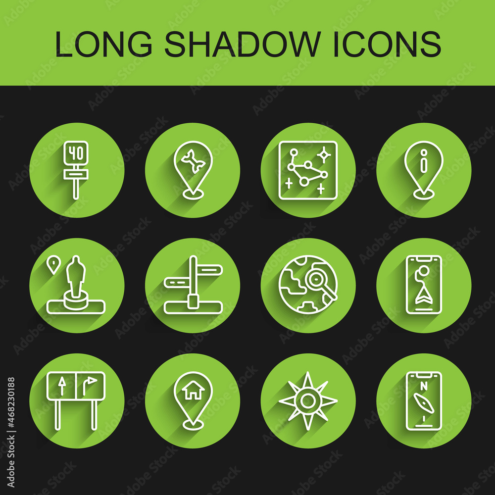 Set line Road traffic sign, Location with house, Wind rose, Compass mobile, City map navigation and Magnifying glass globe icon. Vector
