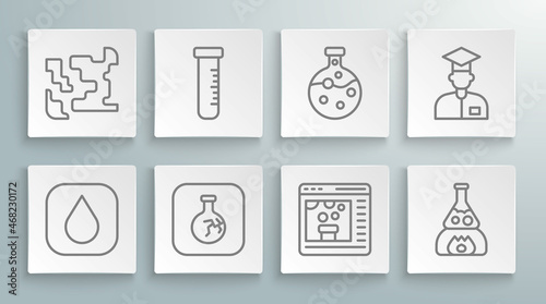 Set line Water drop, Test tube and flask, Cracked, Chemical online, fire, Laboratory assistant and Gaseous icon. Vector