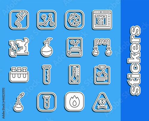 Set line Triangle warning toxic, Chemistry report, Test tube and flask, Salt stone, Plant breeding, Gaseous, and book icon. Vector