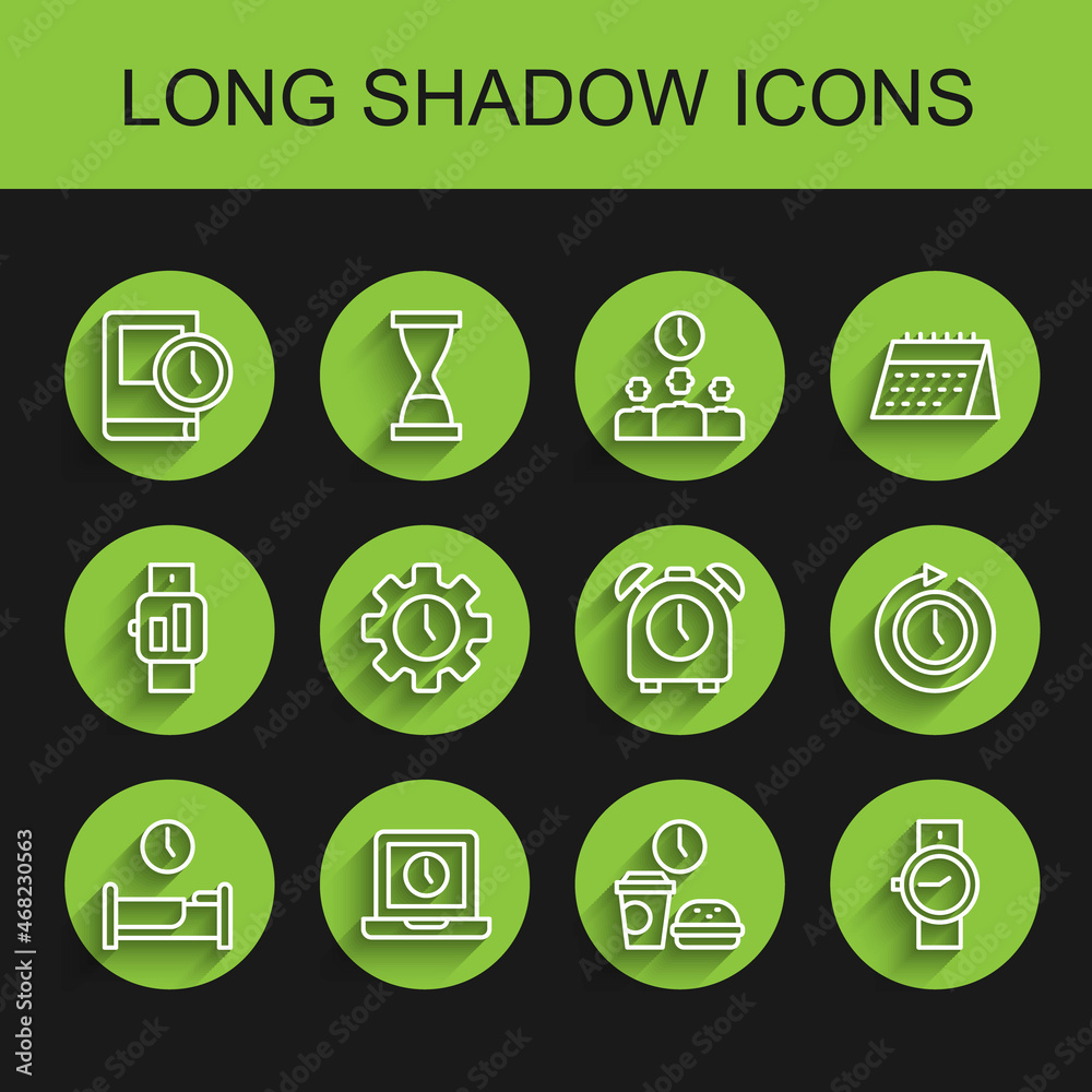 Set line Time to sleep, Laptop time, for book, Fast food, Wrist watch, Management, Clock with arrow and Alarm clock icon. Vector Set line Time to sleep, Laptop time, for book, Fast food, Wrist watch, Management, Clock with arrow and Alarm clock icon. Vector