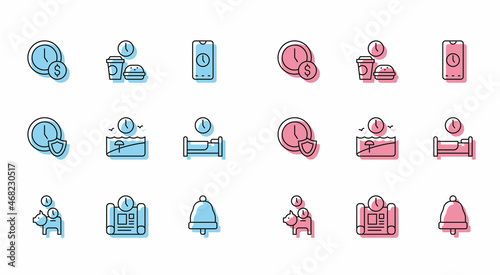 Set line Piggy bank with coin, Project time plan, Time is money, Ringing bell, Vacation, to sleep, Clock shield and Fast food icon. Vector