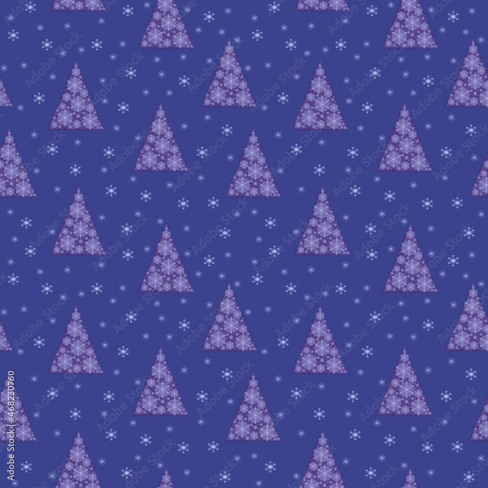Winter Christmas trees and pine trees made of delicate snowflakes on a blue background, seamless festive pattern