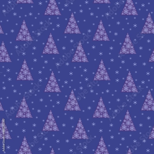 Winter Christmas trees and pine trees made of delicate snowflakes on a blue background, seamless festive pattern © Nat