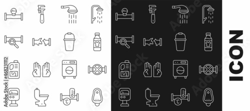 Set line Toilet urinal or pissoir, Industry pipe and valve, Bottle for cleaning agent, Shower, Broken, metallic, manometer and Bucket icon. Vector