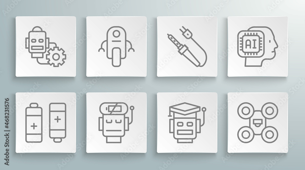 Set line Battery, Robot, low battery charge, Drone, Soldering iron, Humanoid robot and setting icon. Vector