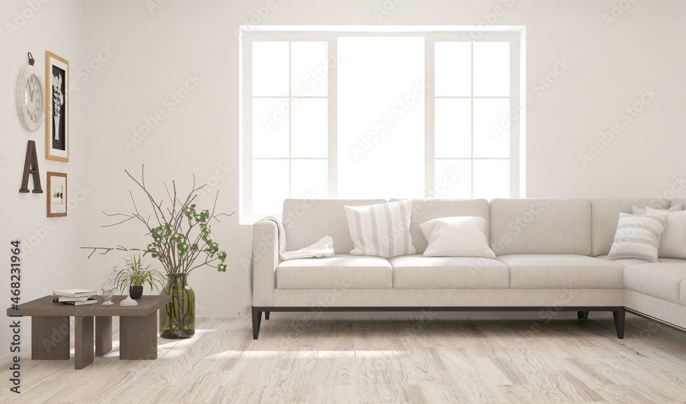 Fototapeta premium White living room with sofa. Scandinavian interior design. 3D illustration