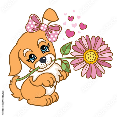 Fototapeta Naklejka Na Ścianę i Meble -  Small dog, puppy with a flower in his mouth. Cute childish illustration. For the design of prints, posters, stickers, postcards, etc. Vector