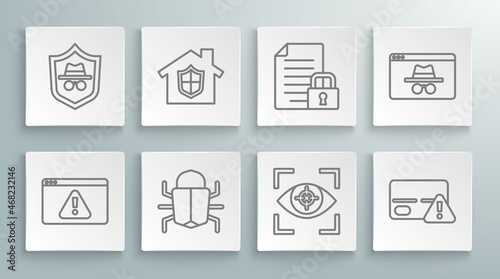 Set line Browser with exclamation mark, House under protection, System bug, Eye scan, Credit card, Document and lock, incognito window and Incognito mode icon. Vector