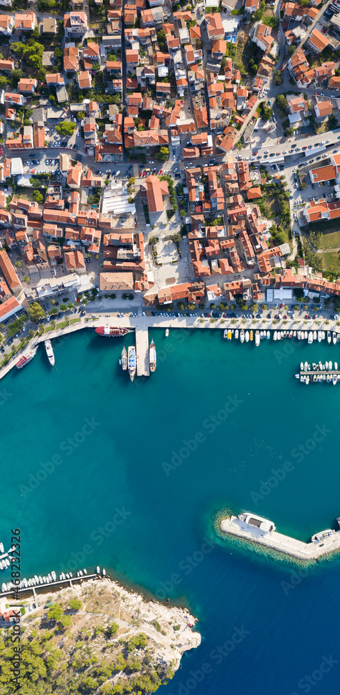 Aerial view to boats in the harbor, Croatia, Makarska.