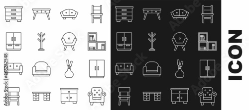 Set line Armchair, Wardrobe, Shelf with books, Sofa, Coat stand, Furniture nightstand and icon. Vector