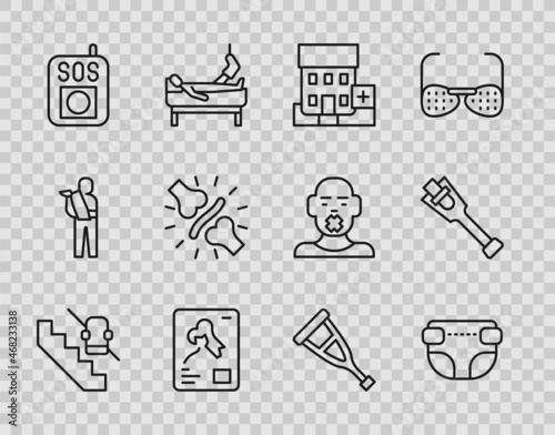 Set line Disabled elevator, Adult diaper, Medical hospital building, X-ray shots, Press the SOS button, Joint pain, knee pain, Crutch crutches and Prosthesis leg icon. Vector
