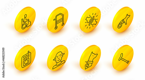 Set line Walking stick cane, Guide dog, Deaf, Press the SOS button, Dog wheelchair, Joint pain, knee pain, Walker and Woman icon. Vector