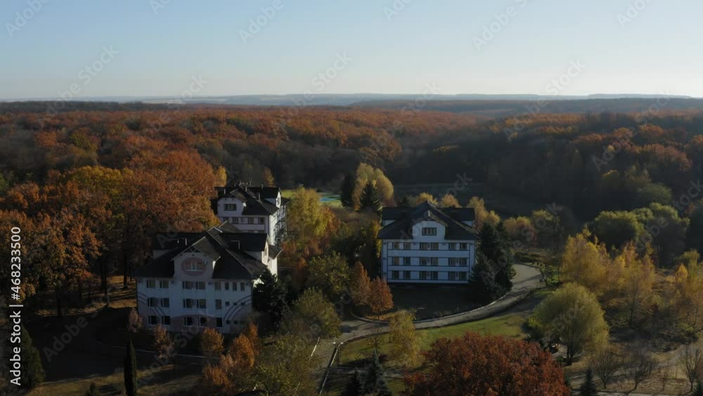 Beautiful autumn forest from a bird's eye view. Shooting from a drone from a height. Mixed forest in the sun. Orange, green and red paints. Deciduous and coniferous trees. Beautiful autumn forest from a bird's eye view. Shooting from a drone from a height. Mixed forest in the sun. Orange, green and red paints. Deciduous and coniferous trees.