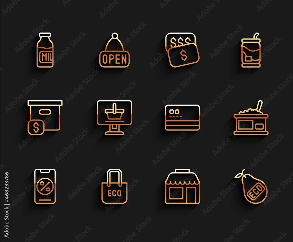 Set line Percent discount and mobile, Shopping bag with recycle, Bottle milk, Market store, Healthy organic pear, cart on computer, Tin can caviar and Credit card icon. Vector Set line Percent discount and mobile, Shopping bag with recycle, Bottle milk, Market store, Healthy organic pear, cart on computer, Tin can caviar and Credit card icon. Vector
