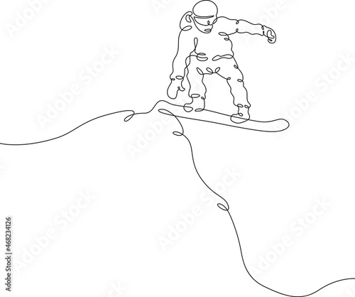 Athlete snowboarder rides on a snowy slope. Snowboarder rides on a board in the snow in winter.One continuous line .One continuous drawing line logo isolated minimal illustration.