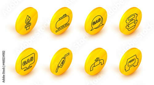 Set line Spare wheel in the car, Metallic pipes and valve, Gasoline pump nozzle, Location gas station, Oil tanker ship, storage and rig with fire icon. Vector