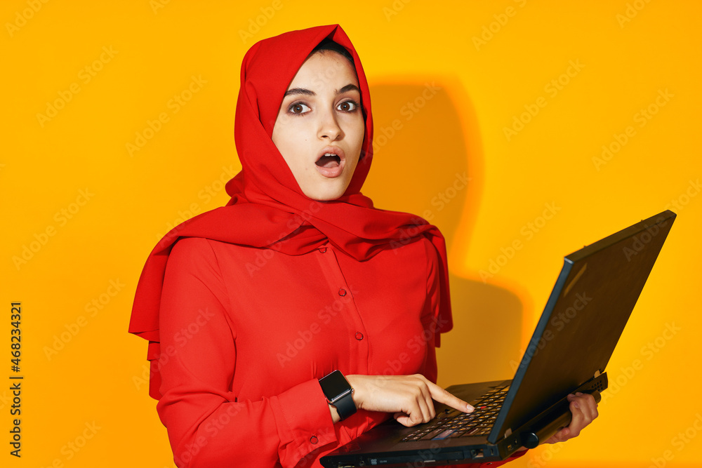 cheerful woman laptop posing technology internet yellow background cheerful woman laptop posing technology internet yellow background