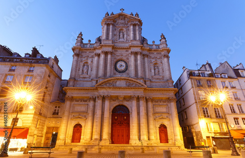 Church of Saint-Paul-Saint-Louis at night , Marais 4th arrondissement , Paris, France.