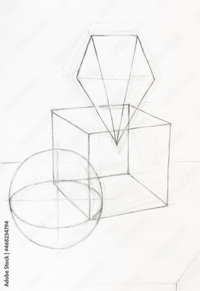 sketch of composition with ball, cube and pyramid hand-drawn by pencil on white paper sketch of composition with ball, cube and pyramid hand-drawn by pencil on white paper