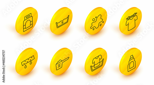 Set line Bottle for cleaning agent, Basin with shirt, Washing powder, Squeeze clothes, Drying, Water spill, Temperature wash and Laundry detergent icon. Vector