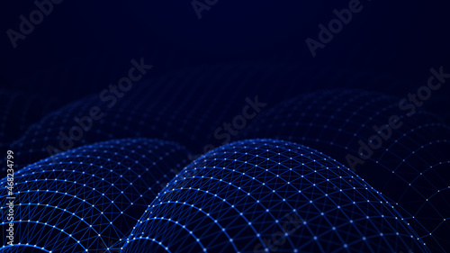 Blue wave. Abstract background of points and lines. Cyber structure. Big data stream. 3d rendering